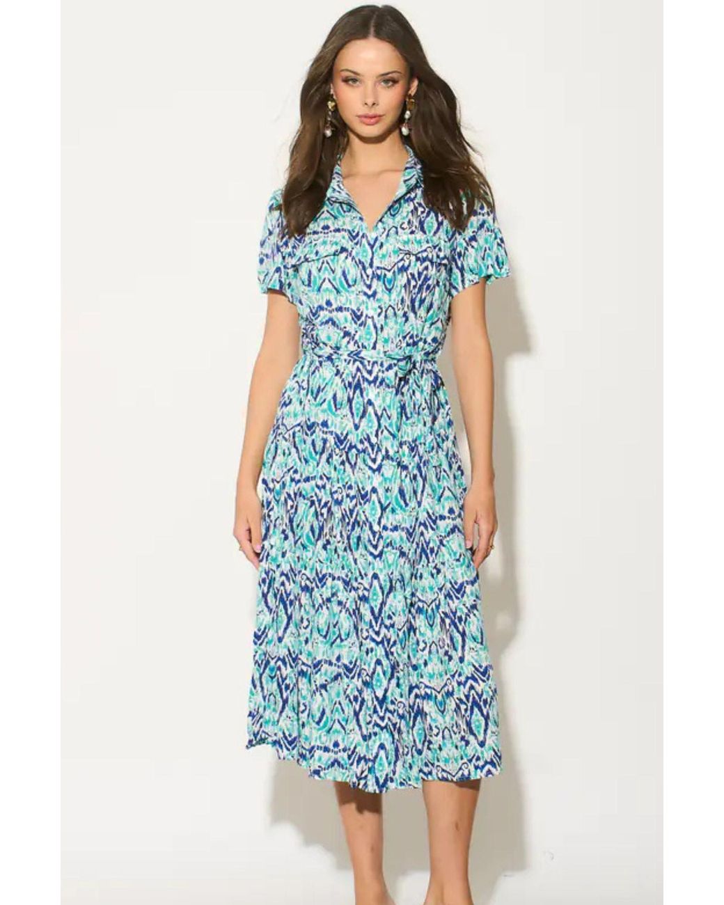 SARTA Blue Aztec Print Midi Shirt Dress