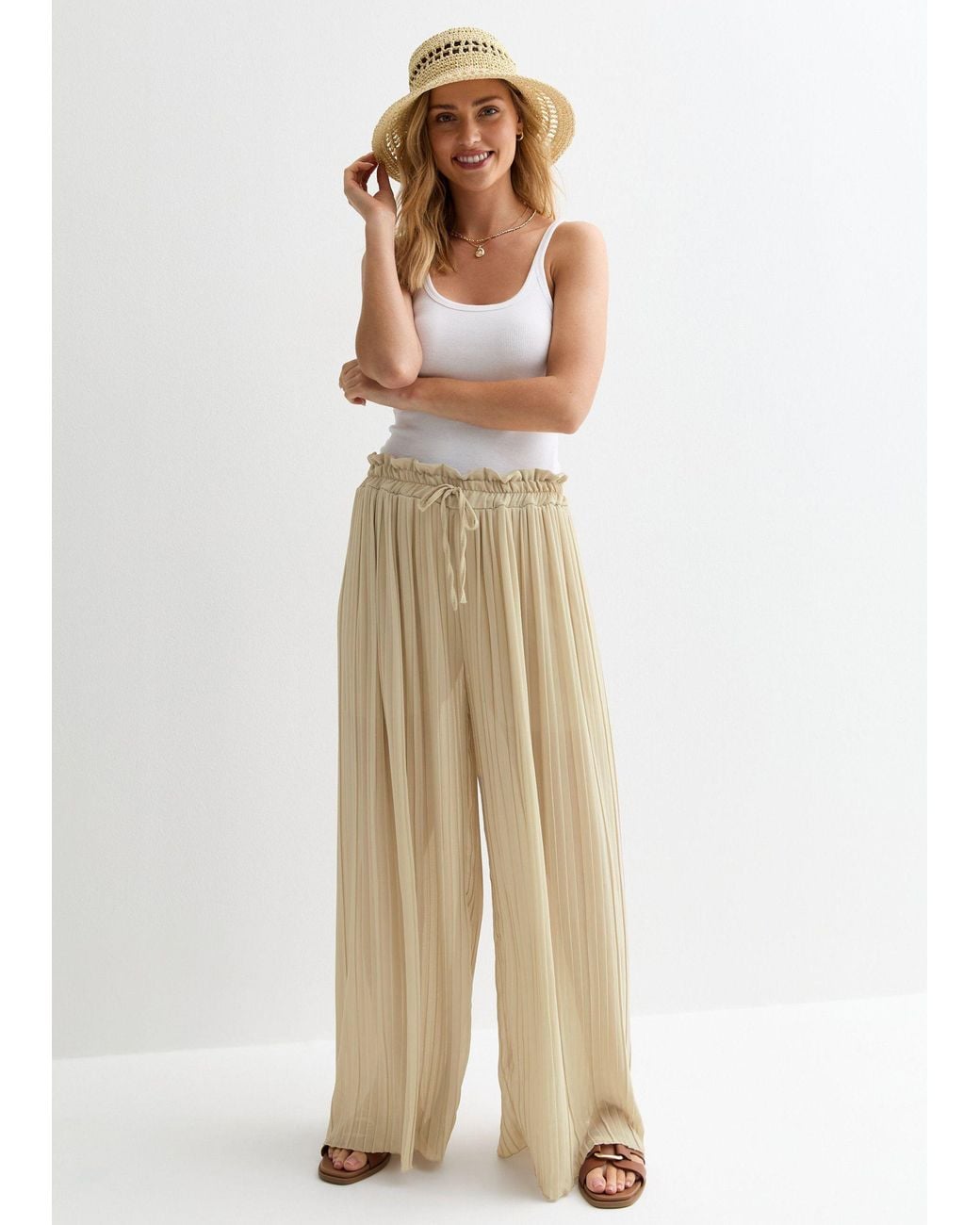 Gini London Natural Elasticated Waist Plisse Wide Led Trouser