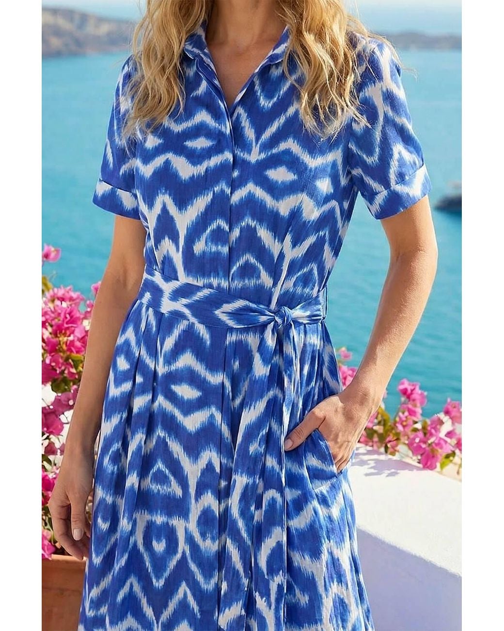 Roman Blue Petite Stripe Tie Waist Shirt Dress