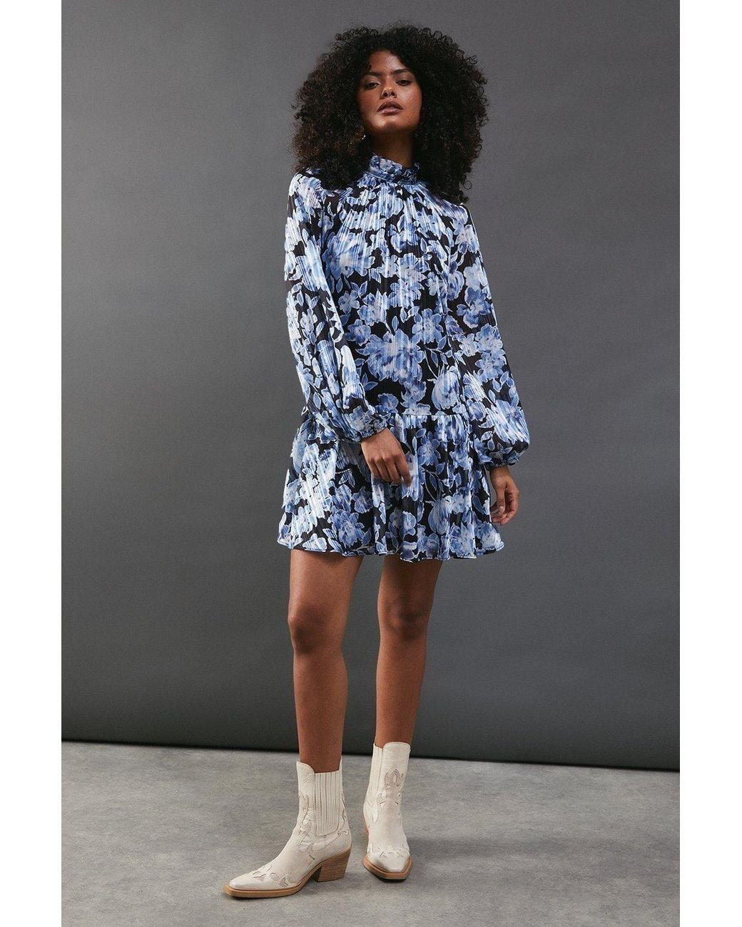 Warehouse Blue Shadow Stripe High Neck Tie Back Mini Dress