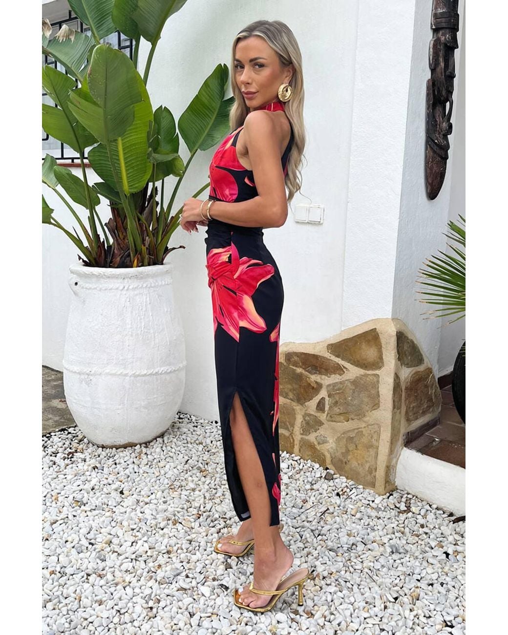 AX Paris Black Coral Floral Print Halter Neck Midi Dress