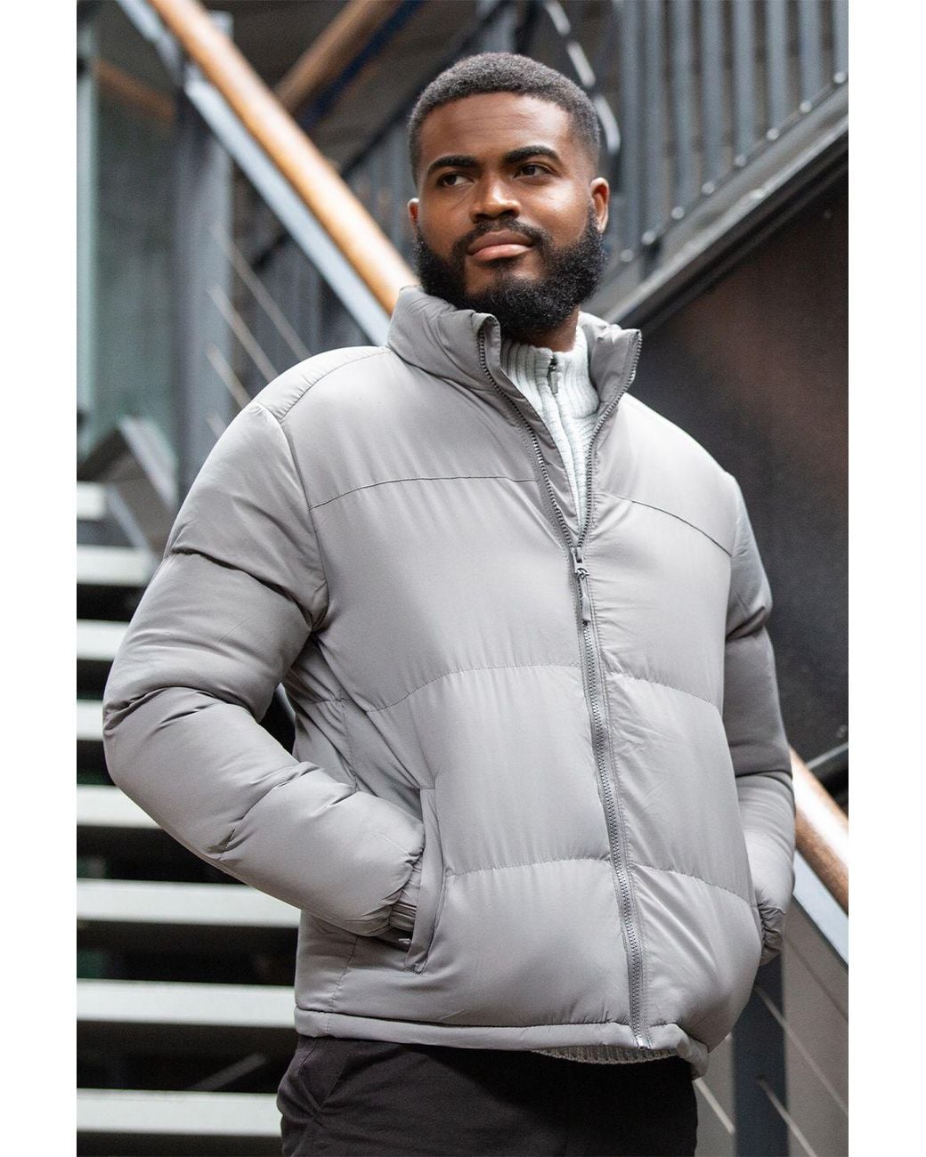 Brave Soul Gray Funnel Neck Padded Jacket for men