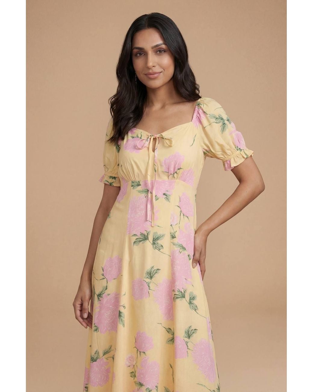 Dorothy Perkins Natural Petite Tie Front Puff Sleeve Midi Dress