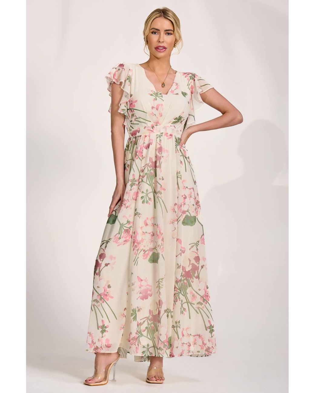 Jolie Moi Natural Ruffle Printed Chiffon Maxi Dress