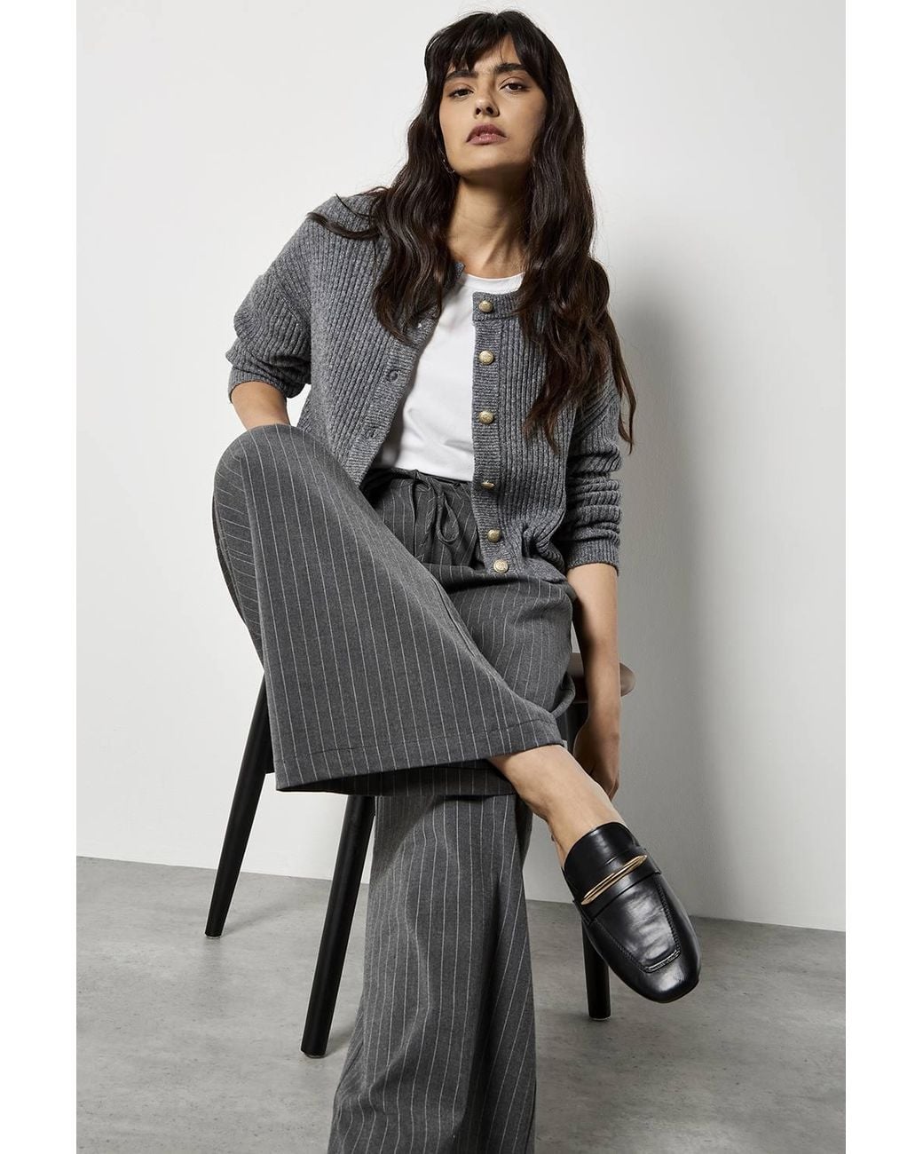 Apricot Gray Pinstripe Wide Leg Tailored Trousers