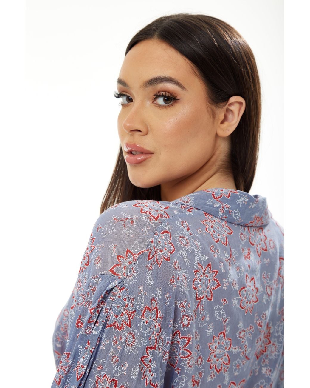 Liquorish Blue Floral Print Crop Shirt