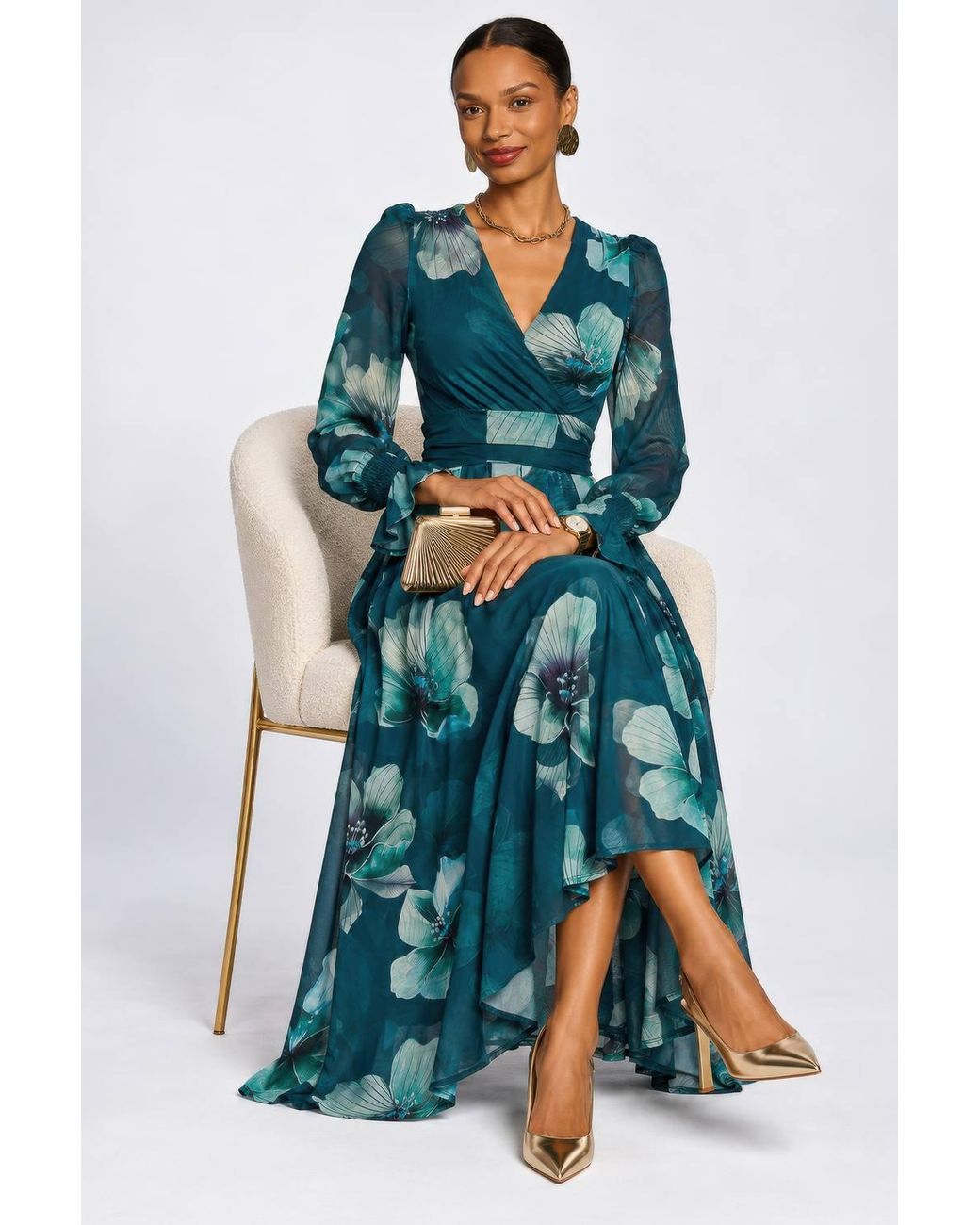 Jolie Moi Blue Long Sleeve V Neck Mesh Maxi Dress