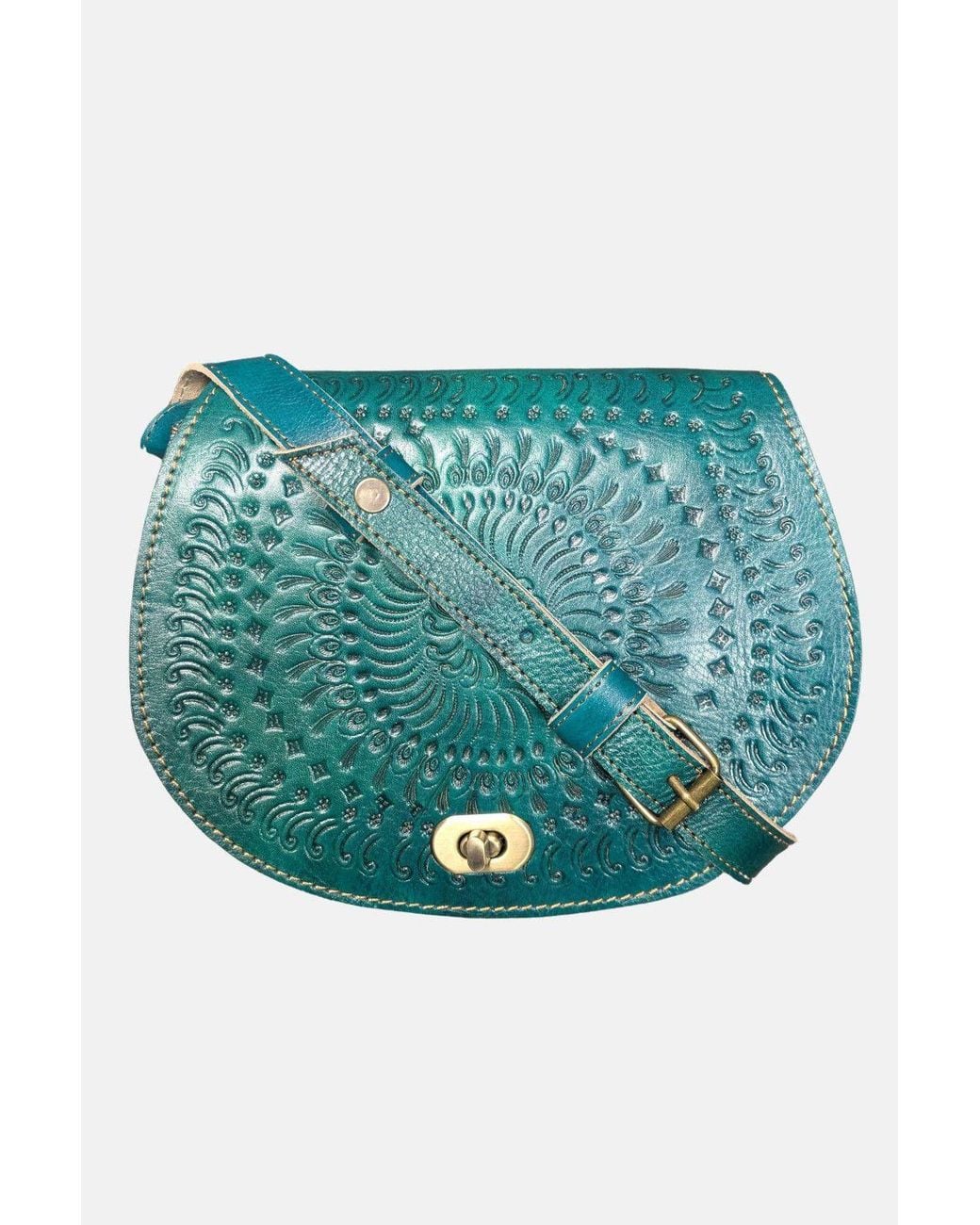 Berber Leather Blue 'The Temara' Embossed Leather Saddle Bag