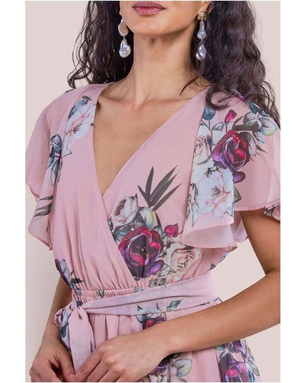 Goddiva Pink Printed Flutter Sleeve Maxi Dress
