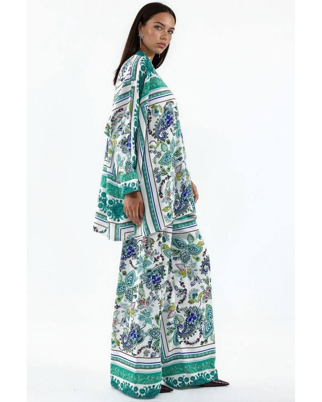 Msn-Collection Blue Patterned Shirt & Wide-Leg Trousers Set