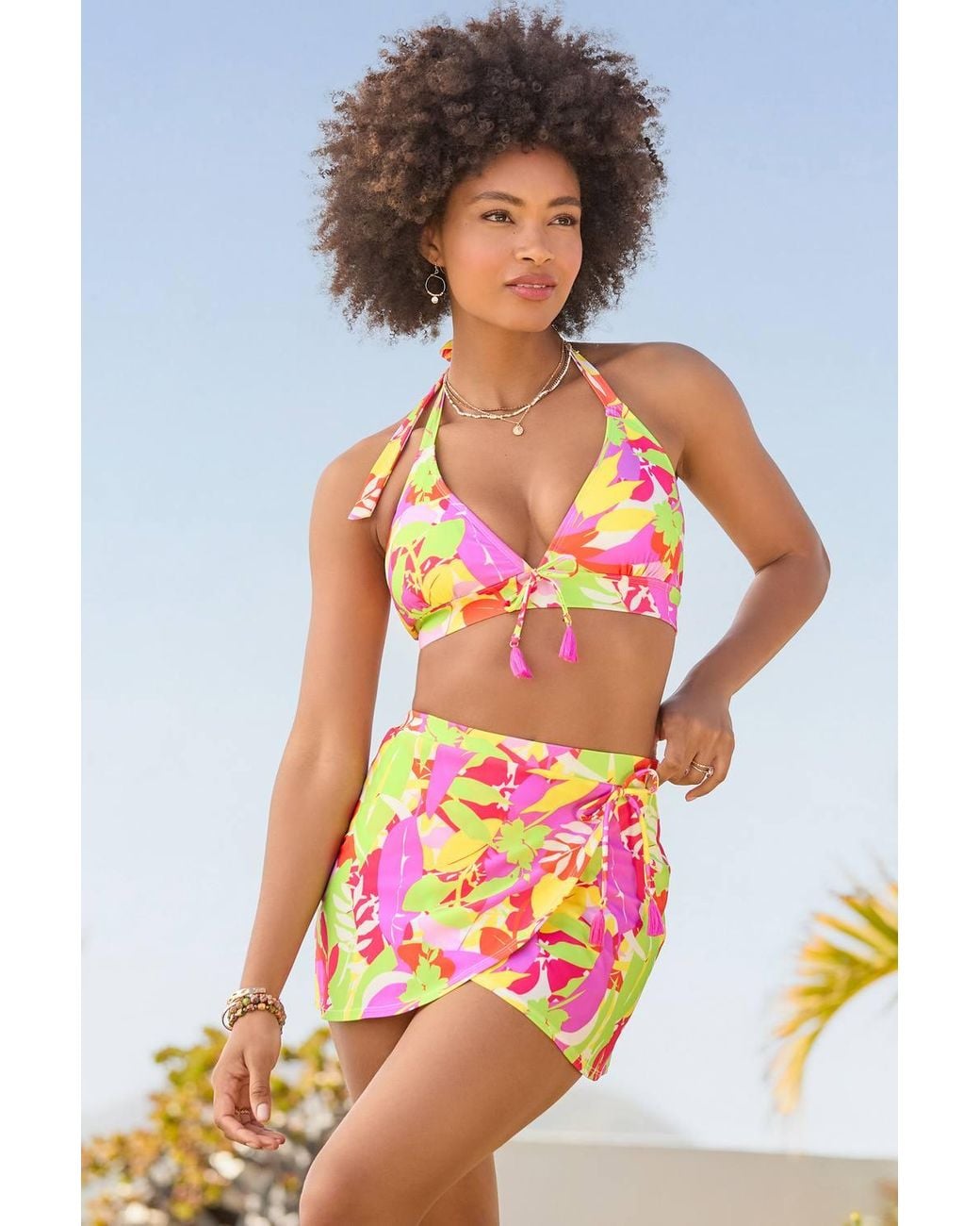 Joe Browns Pink Halter Neck Bikini Top With Tropical Leaf Print & Tassel Tie