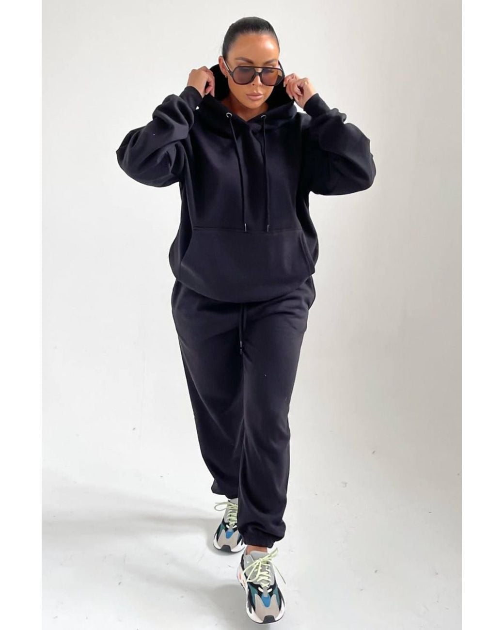 Femme Luxe Black Oversized Front Pocket Pullover Hoodie Cuffed Joggers Loungewear Set