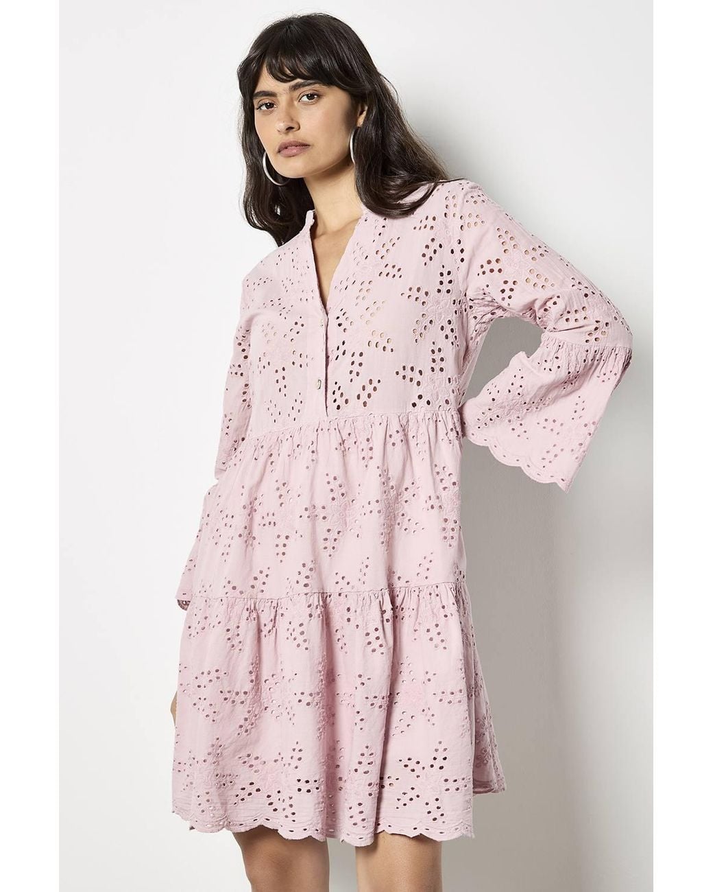 Apricot Pink Broderie Anglaise Tiered Mini Dress