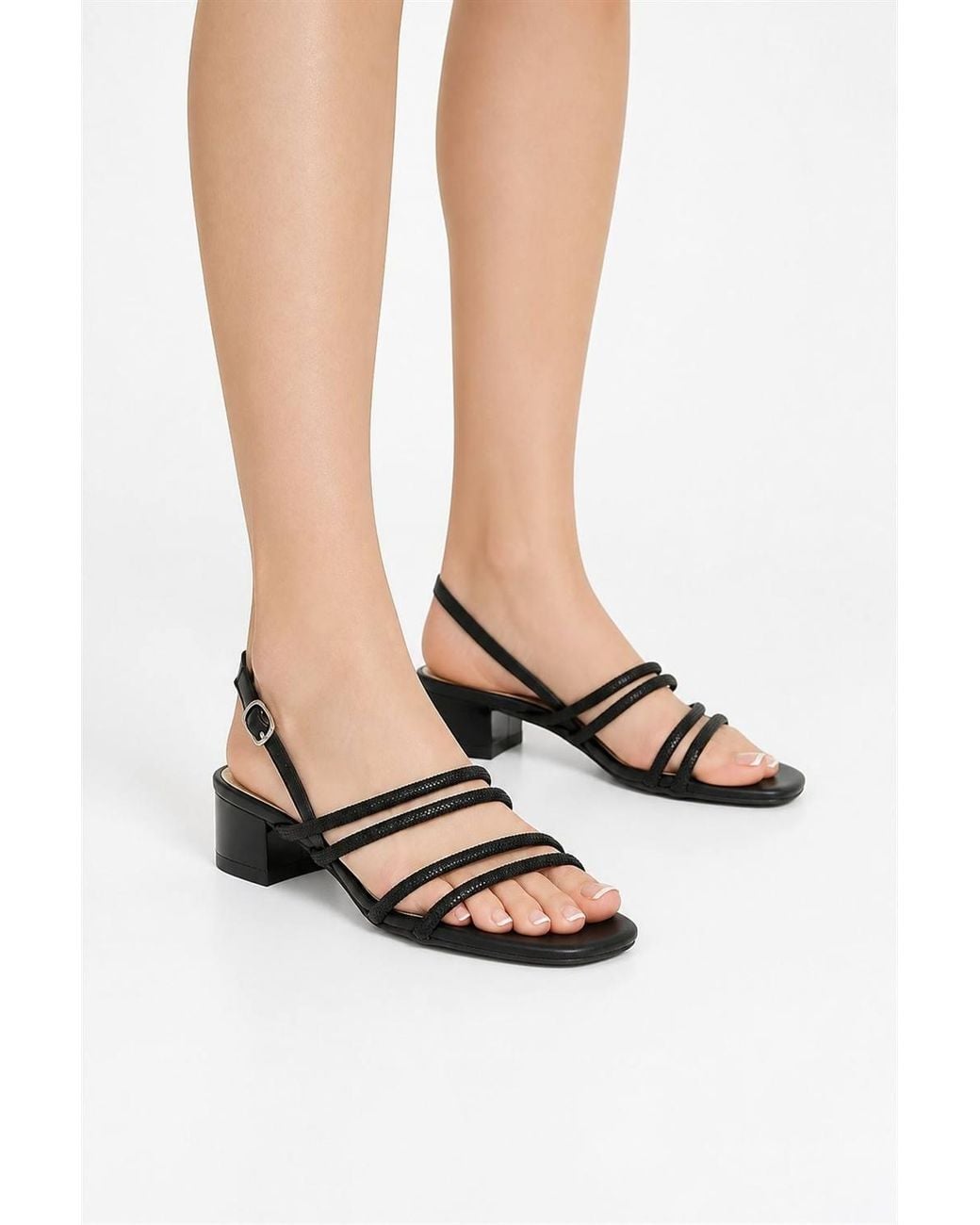 Miss Diva Black Aisha Diamante Strappy Low Block Heel Anklestrap Sandals
