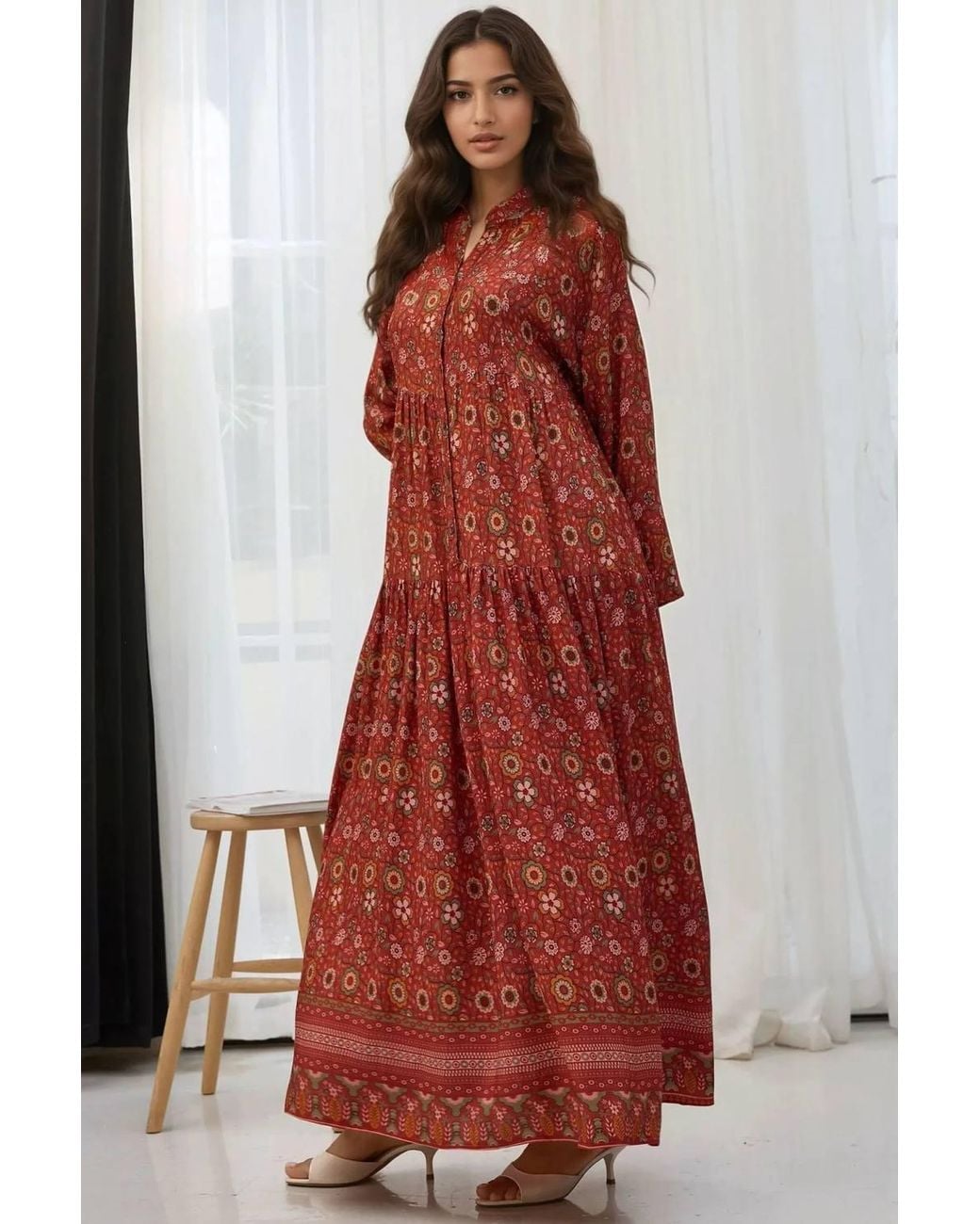 Hiccup Red Printed V-Neck Maxi Dress With Buttons
