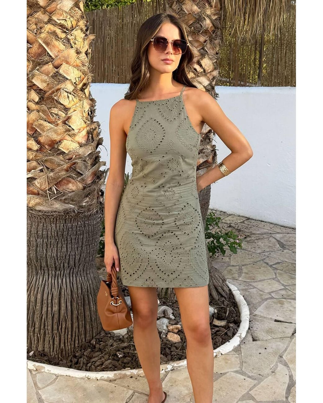 AX Paris Green Broderie Racer Neck Slip Mini Dress