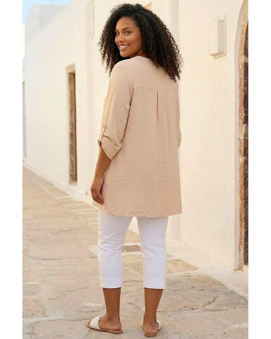 Roman Blue Curve Textured Buttoned Tunic Top