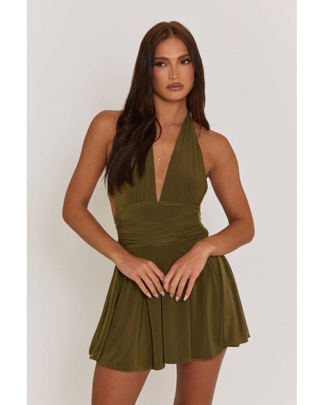 Rebellious Fashion Green Pippa Halter Plunge Neck Mini Dress