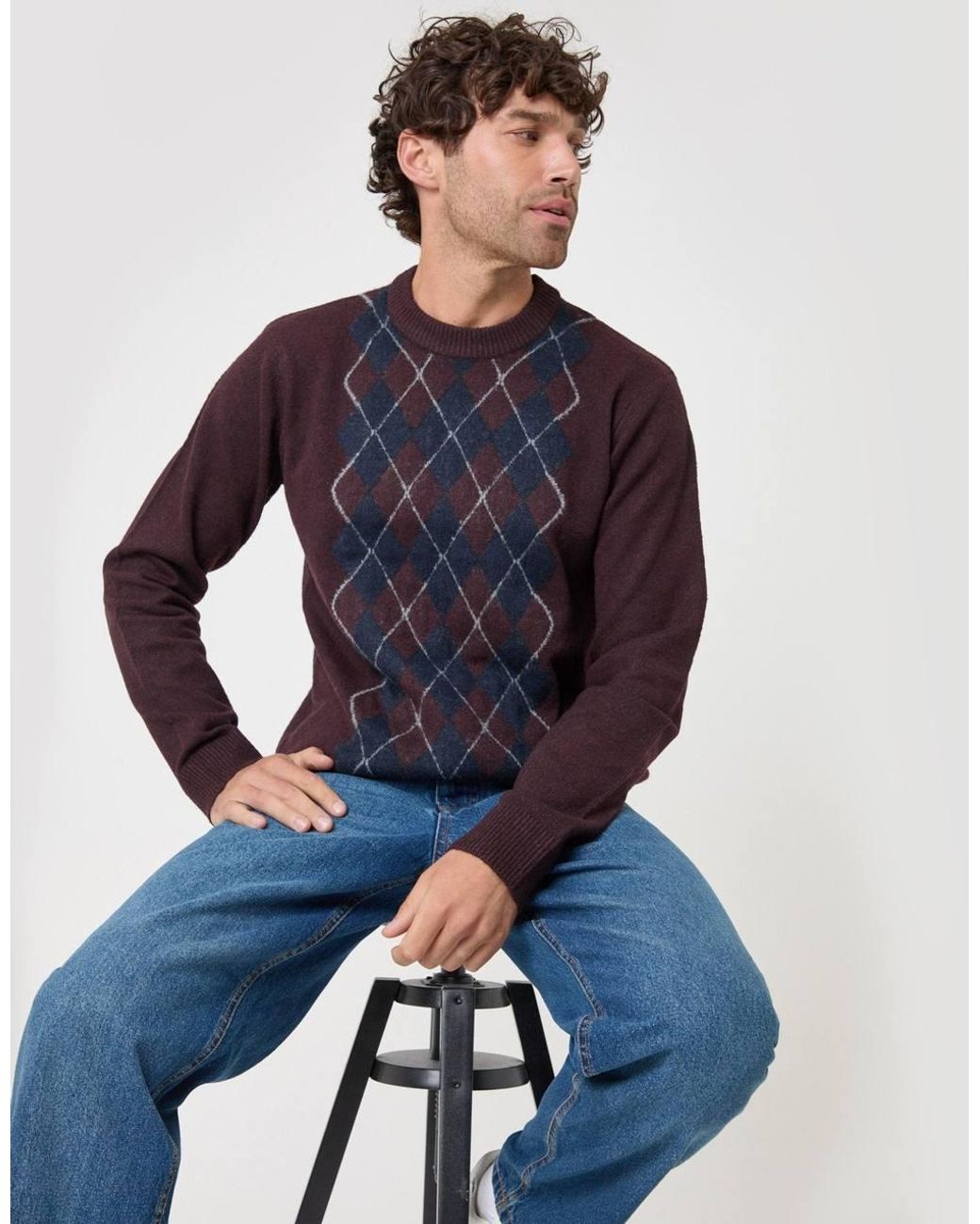 Threadbare Blue Argyle Crew Neck Jumper for men