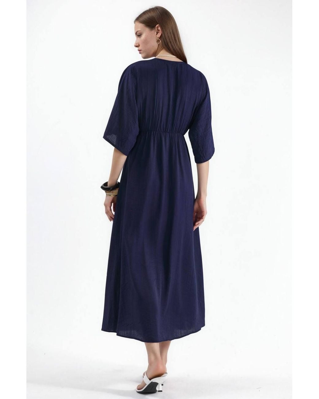 Busem Blue V-Neck Midi Wrap Dress With Three Quarter Sleeves