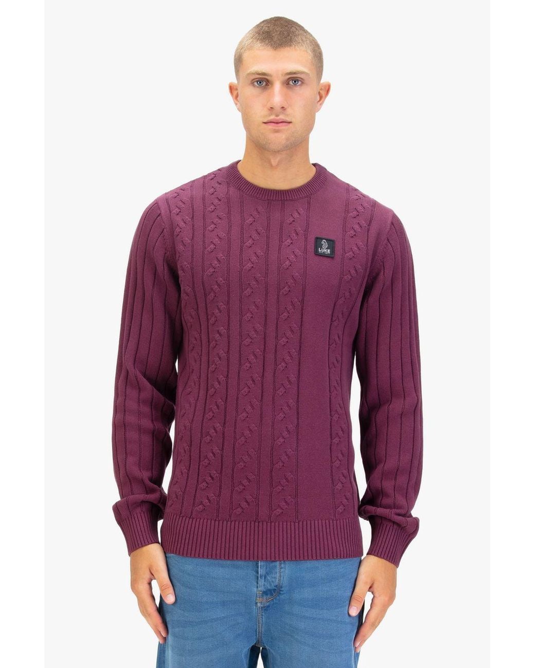 Luke 1977 Purple Mitcham Cable Knit Jumper for men