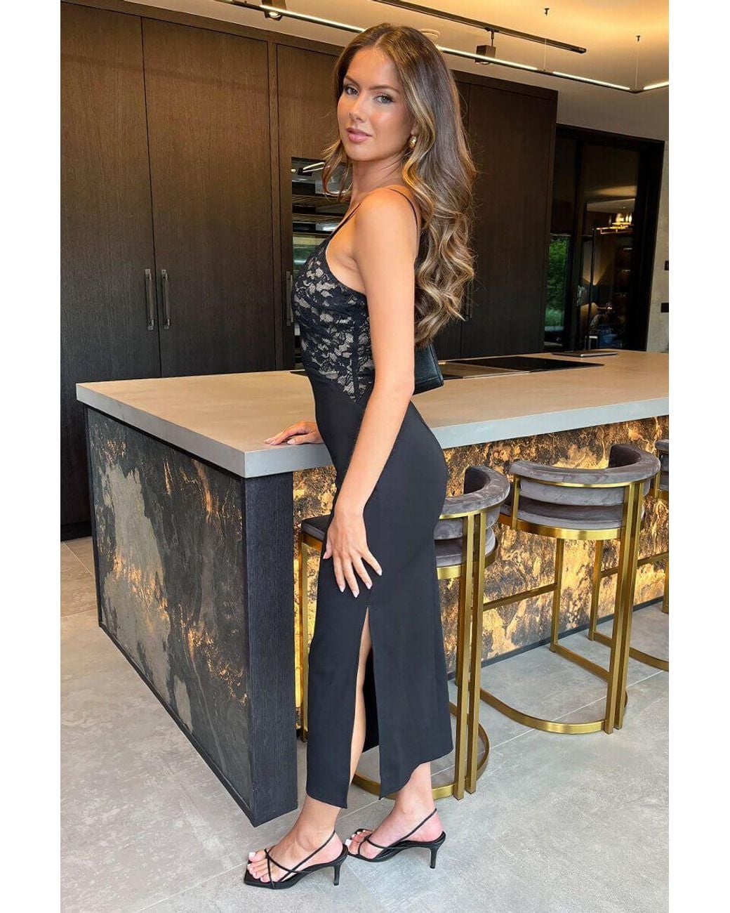 AX Paris Black Contrast Lace Top Strappy Bodycon Midi Dress