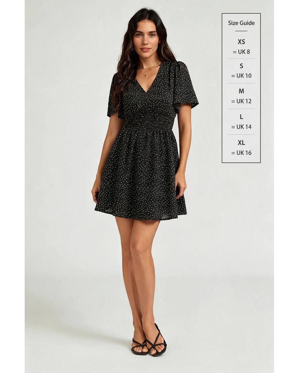 FS Collection Black Polka Dot V-Neck Mini Dress With Shirred Waist