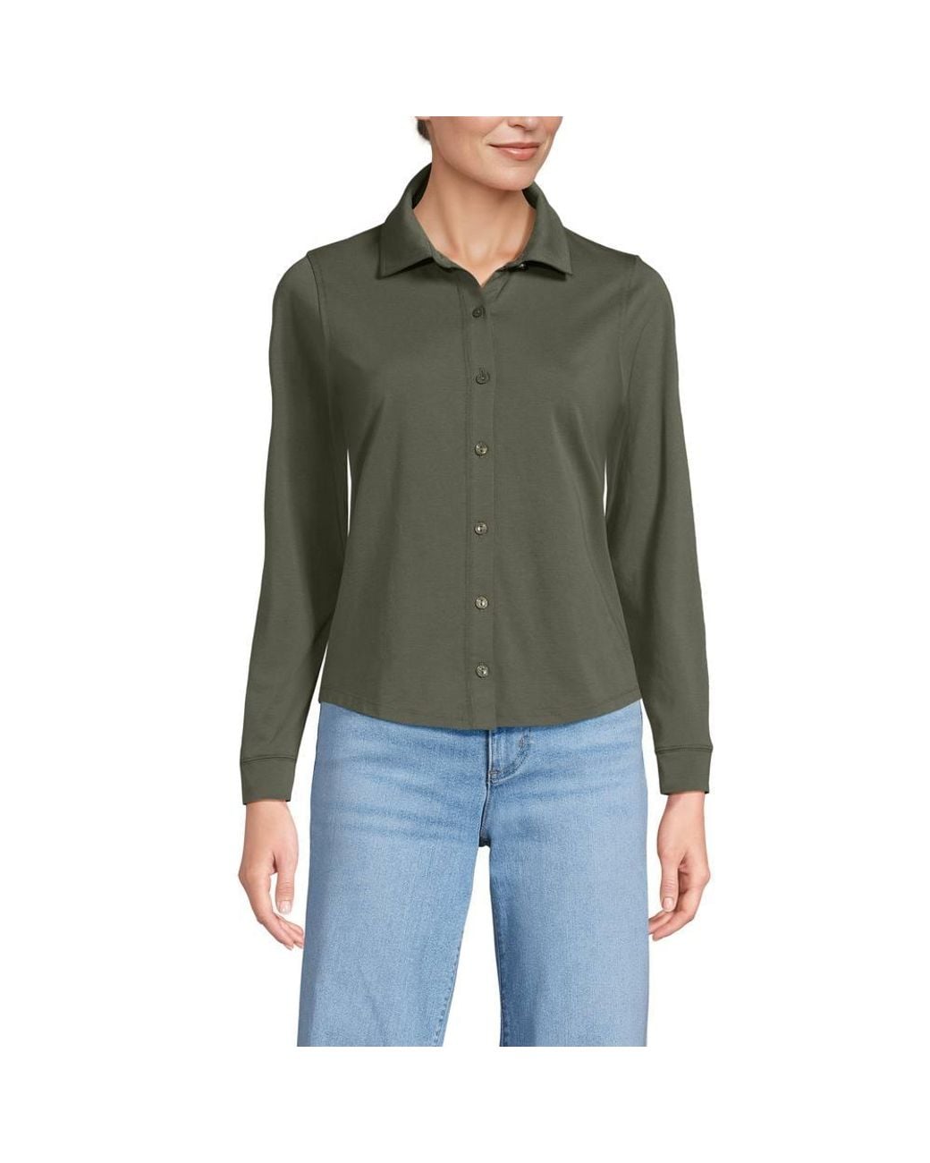 Lands' End Green Long Sleeve Supima Cotton Buttonfront Top
