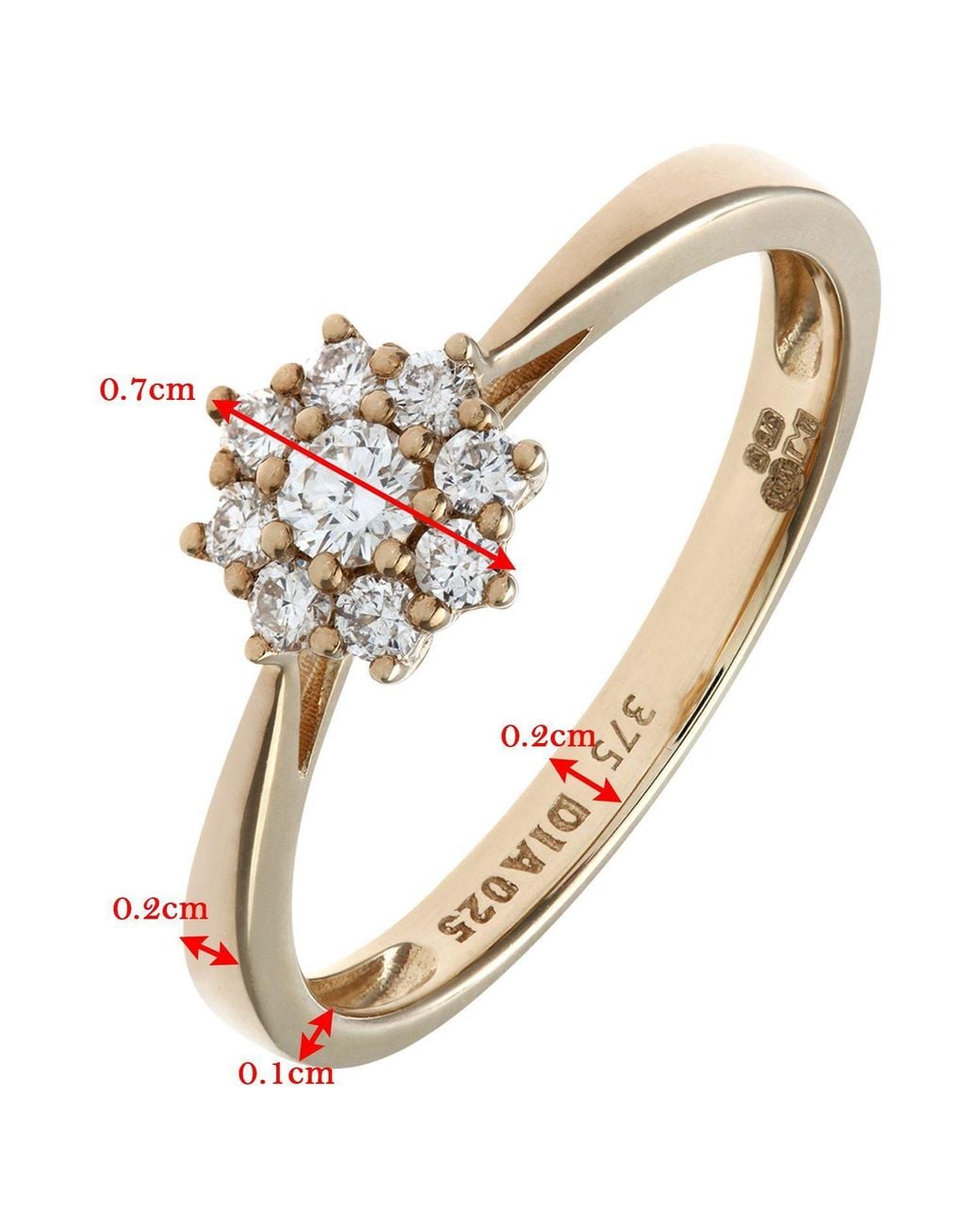 Jewelco London Metallic 9Ct Round 1/4Ct Diamond 9 Stone Cluster Ring 7Mm