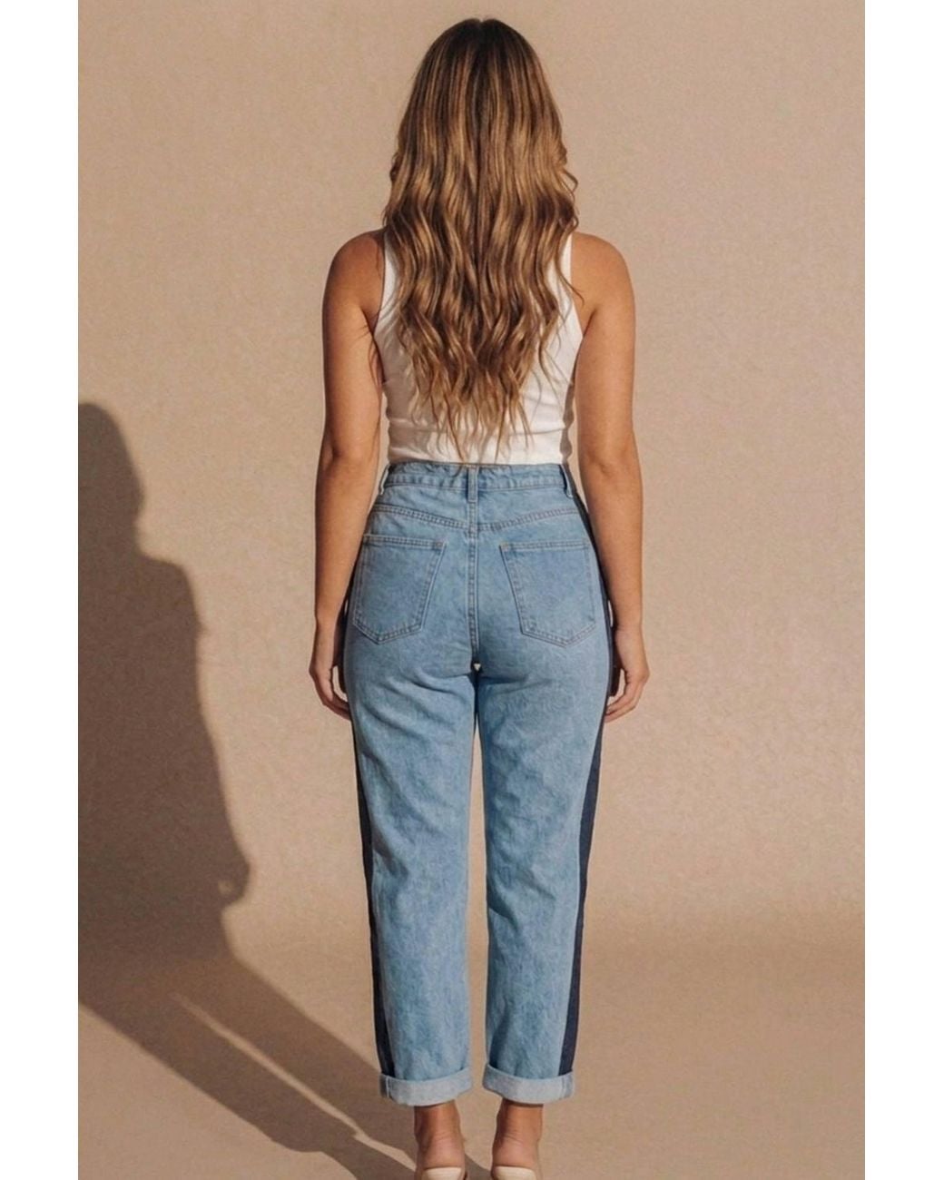 Femme Luxe Blue Light Wash Contrast Side Stripe Mom Jeans