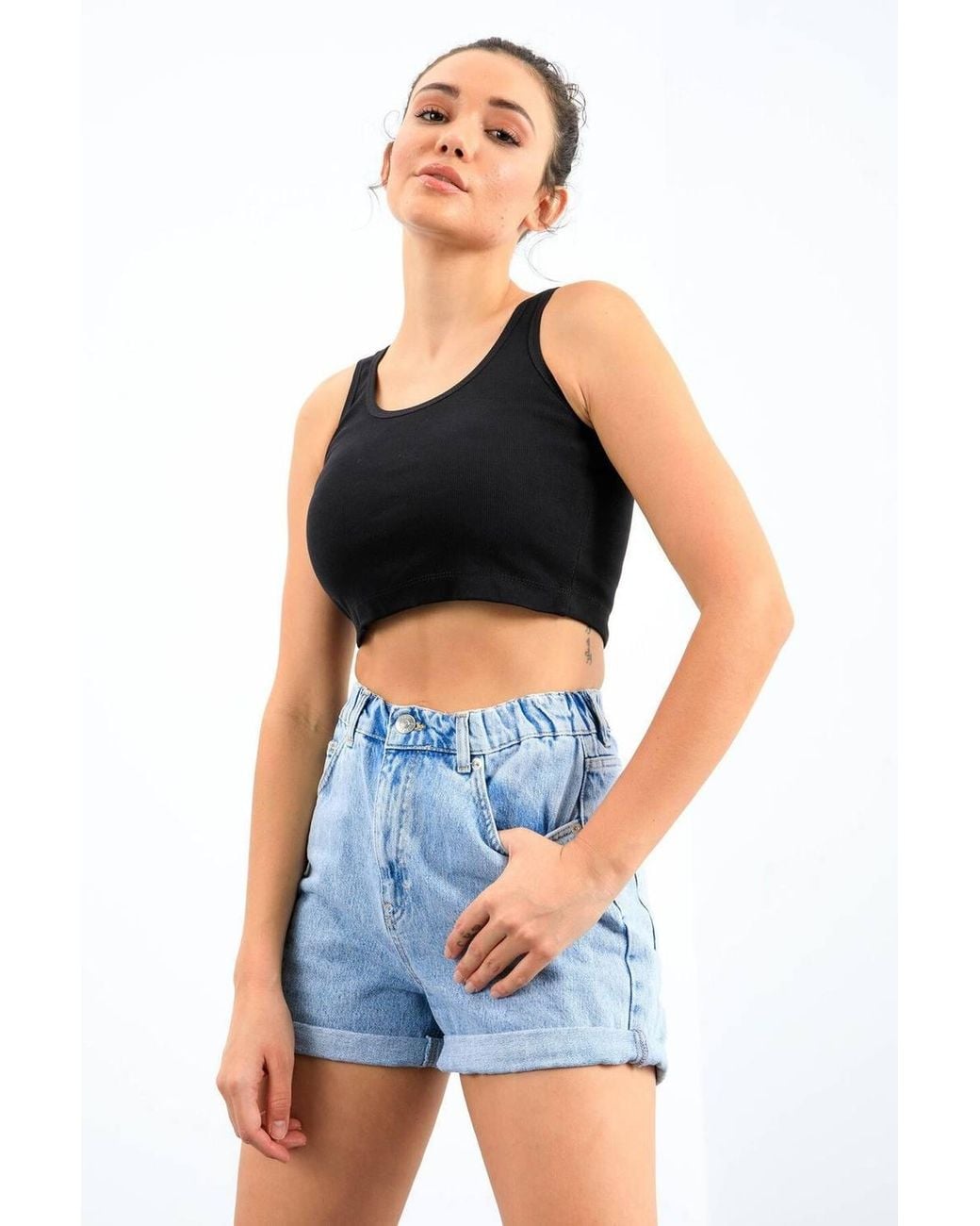 TOMMY LIFE Blue Ribbed Sleeveless Crop Top