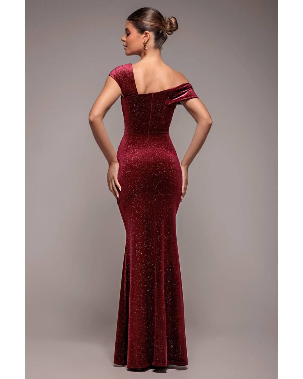 Goddiva Red Glitter Velvet One Shoulder Maxi Dress
