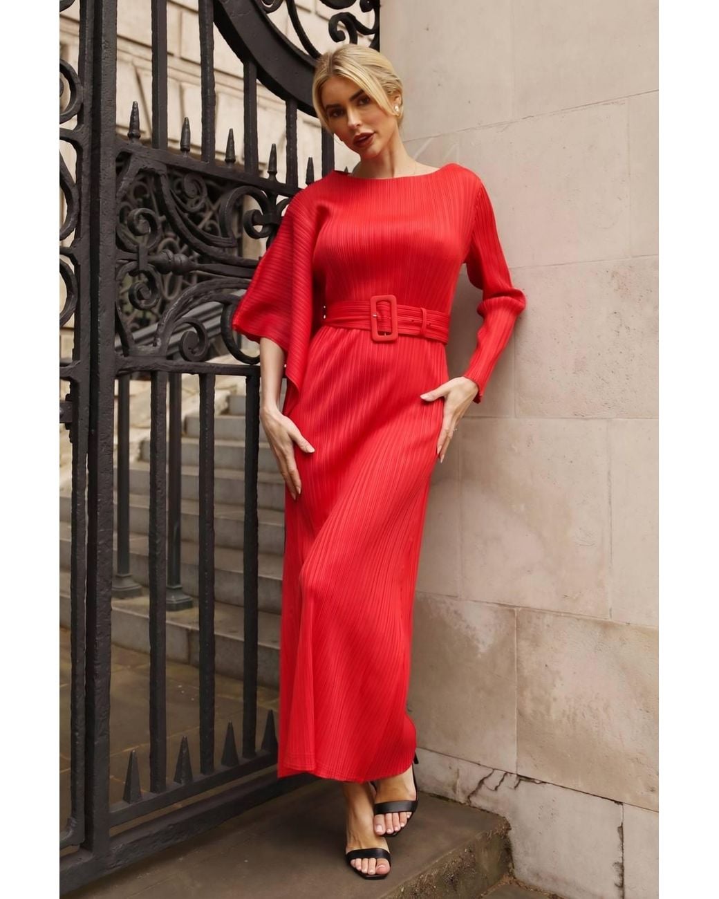 CY Red Pleated Maxi Dress With Statement Belt