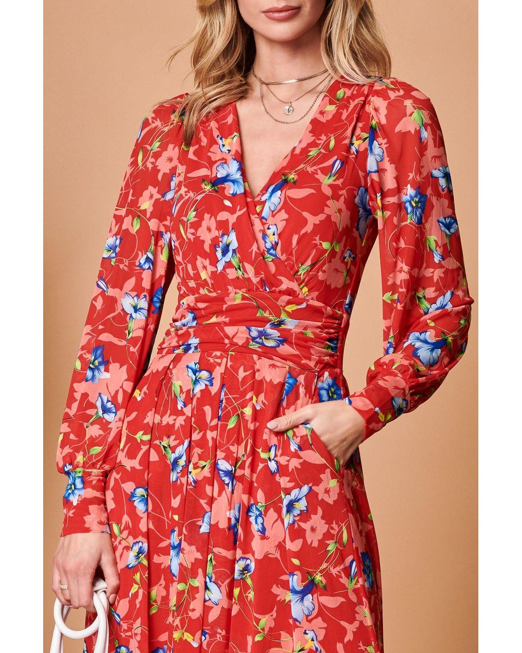 Jolie Moi Red Floral Long Sleeve Mesh Midi Dress
