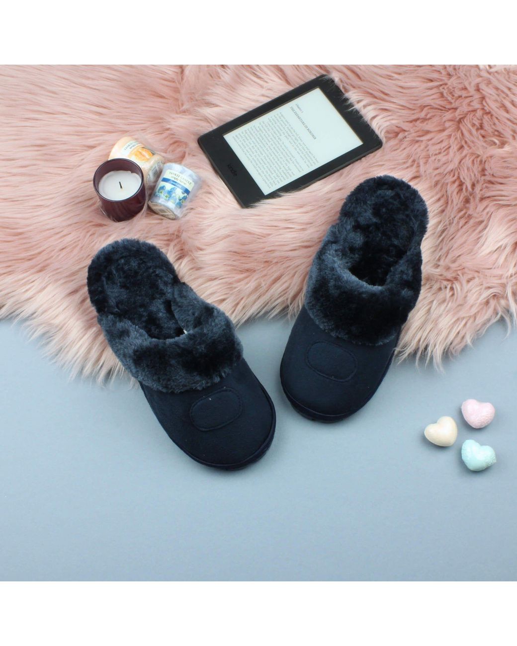 AJVANI Blue Faux Fur Lined Slip On Memory Foam Mules Slippers