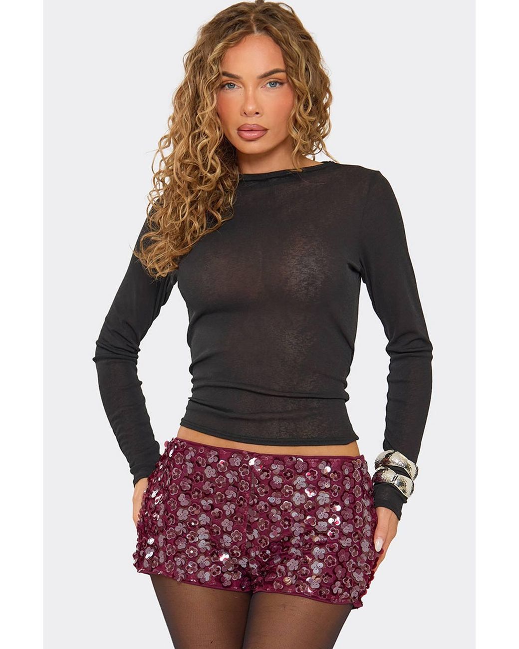 EGO Red Sequin Mid Rise Mini Shorts