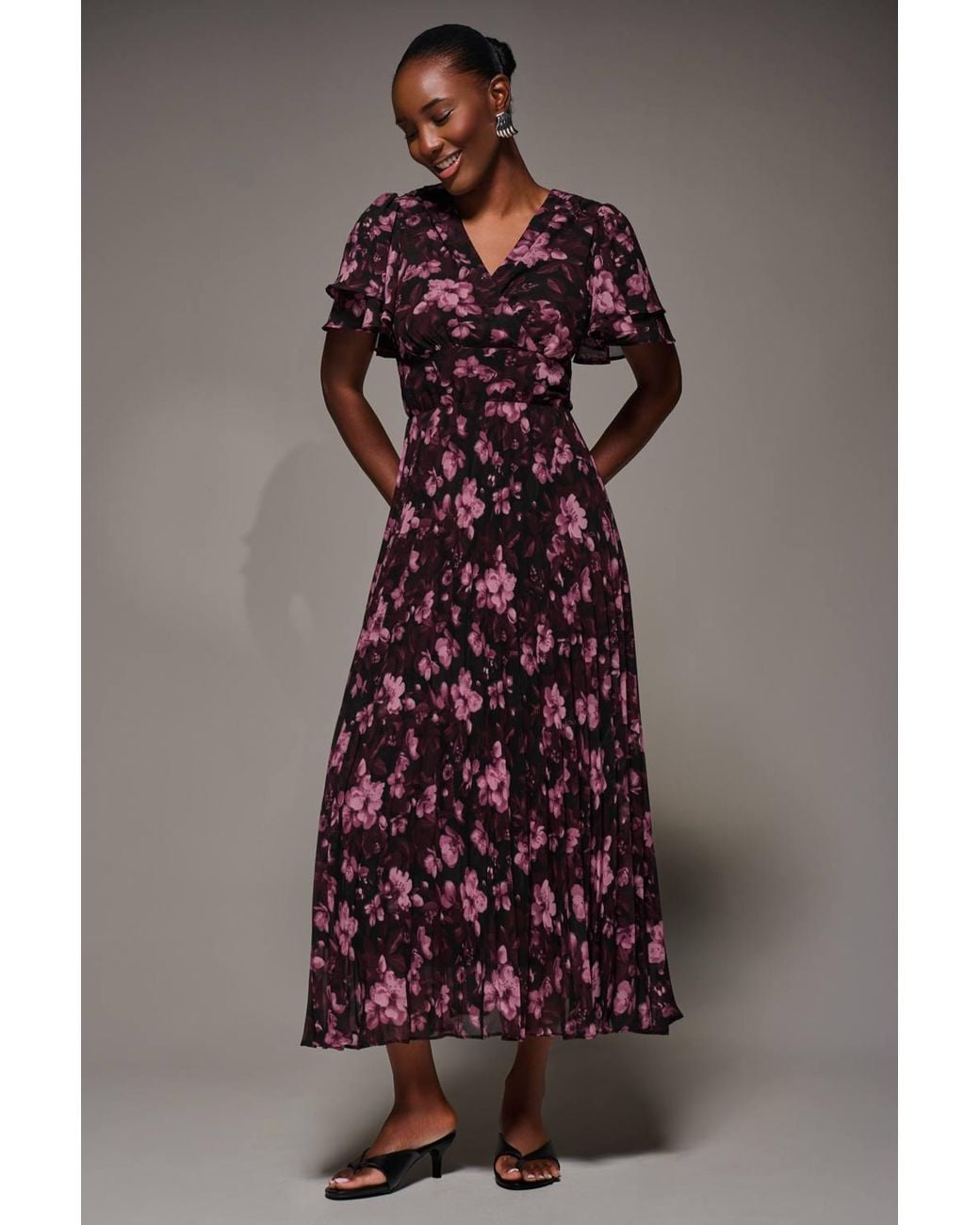 Jolie Moi Brown Chiffon Ruffle Sleeve Pleated Maxi Dress