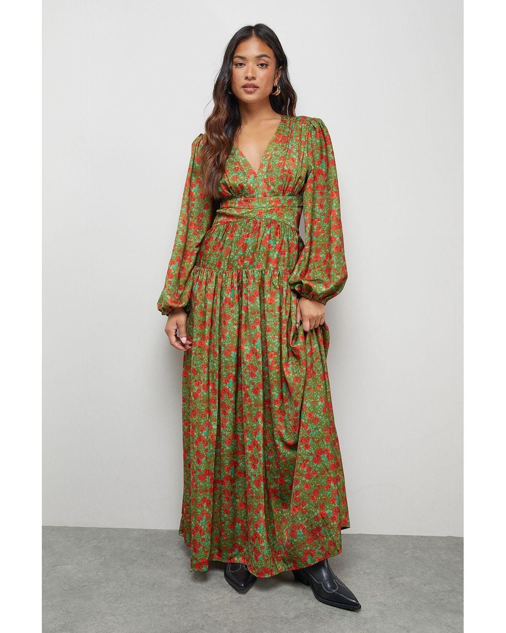 Warehouse Natural Petite Premium Satin Open Back Maxi Dress