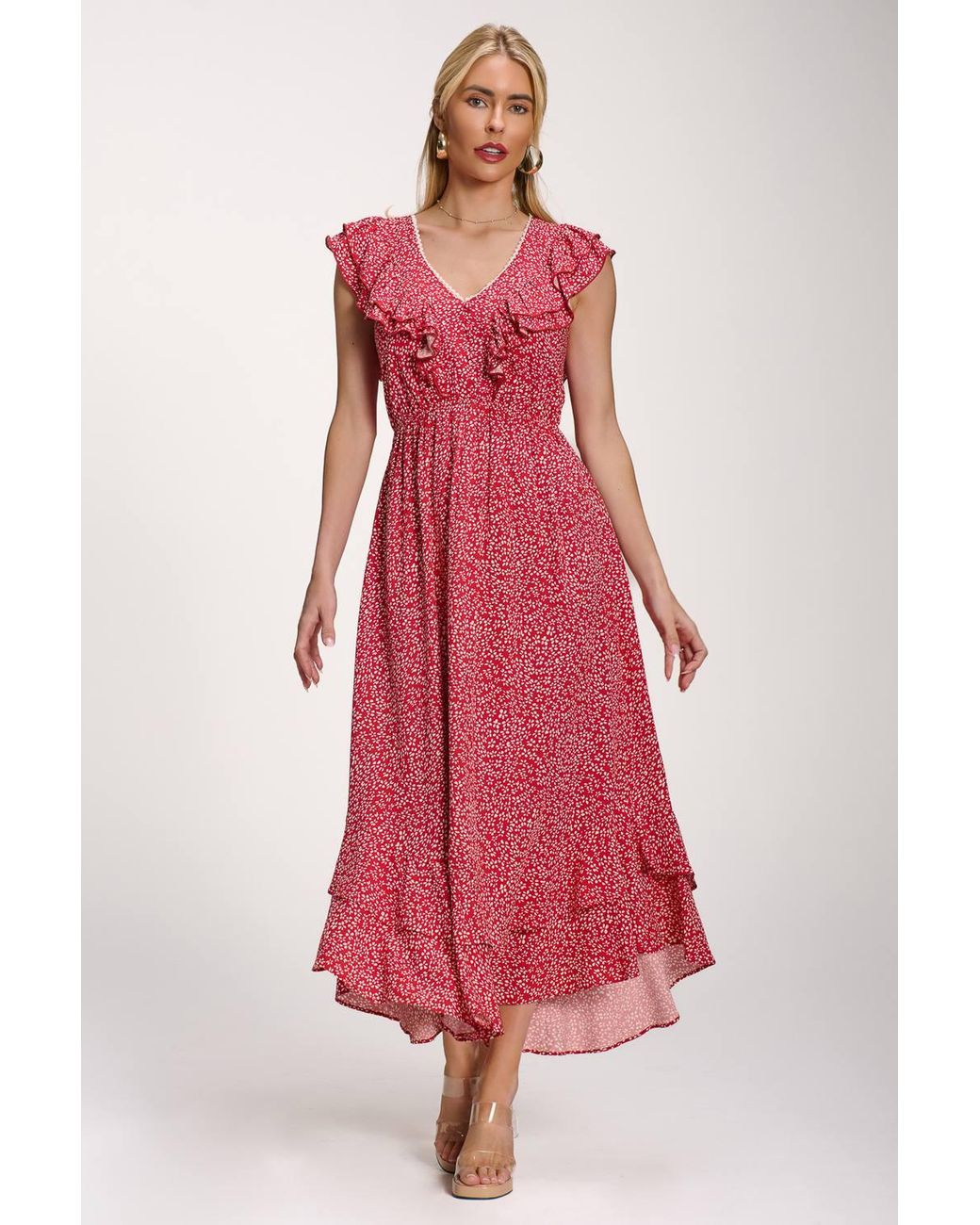 Jolie Moi Red Ruffle V-Neck Viscose Midi Dress