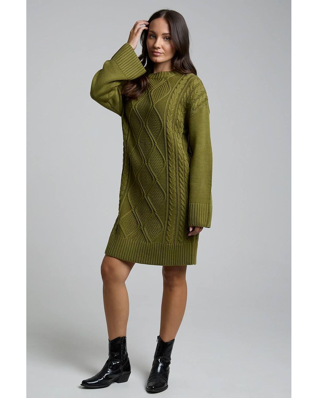 Influence Green Cable Knit Round Neck Long Sleeve Jumper Midi Dress