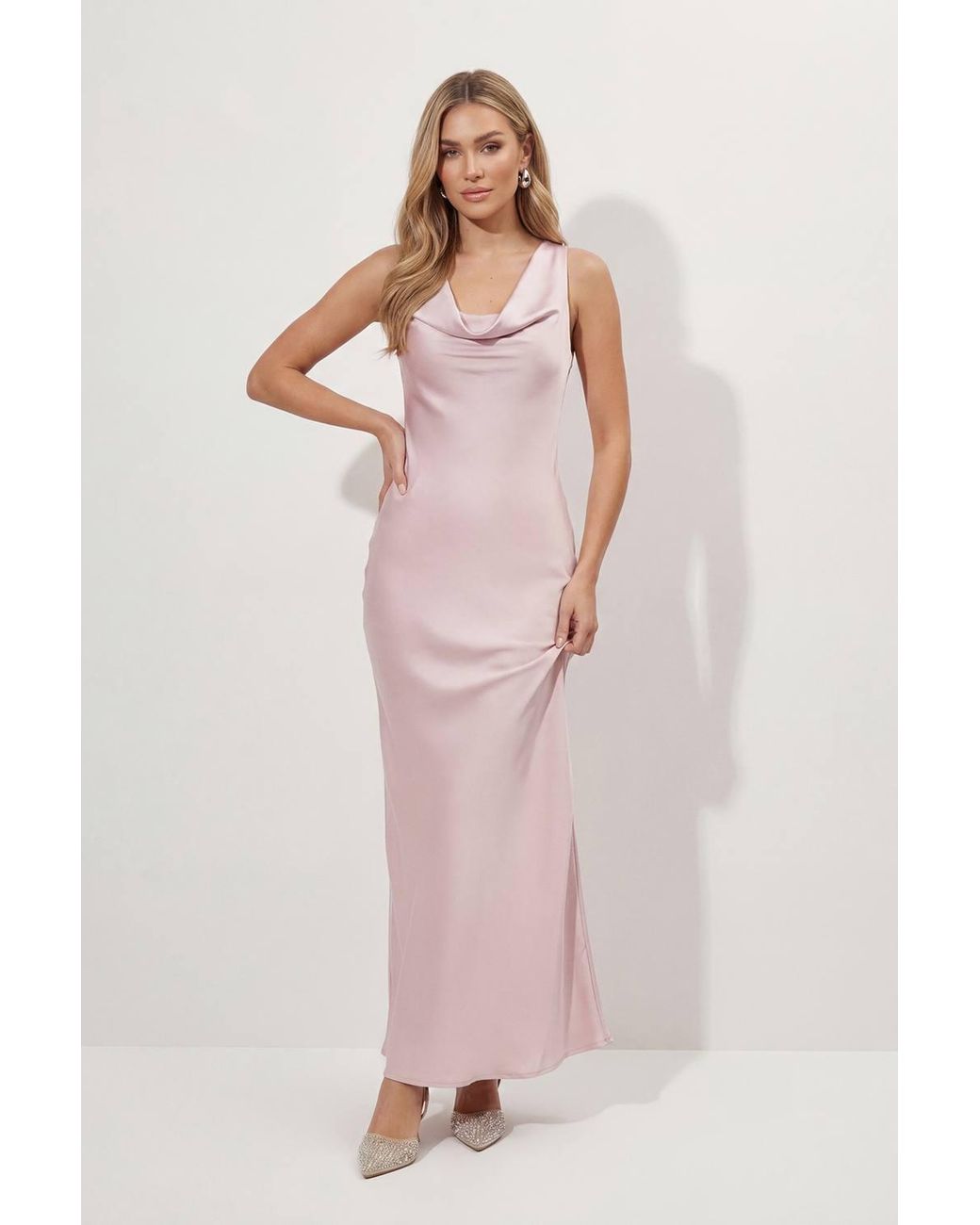 MissPap Pink Premium Satin Cowl Neck Fishtail Maxi Dress