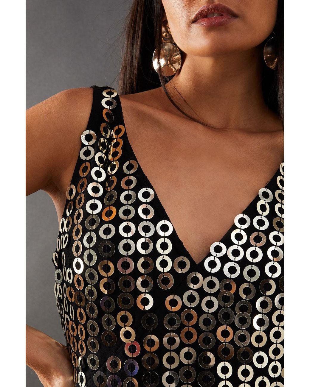 Warehouse Black Hand Embellished Disk Sequin High Apex Midi Dress