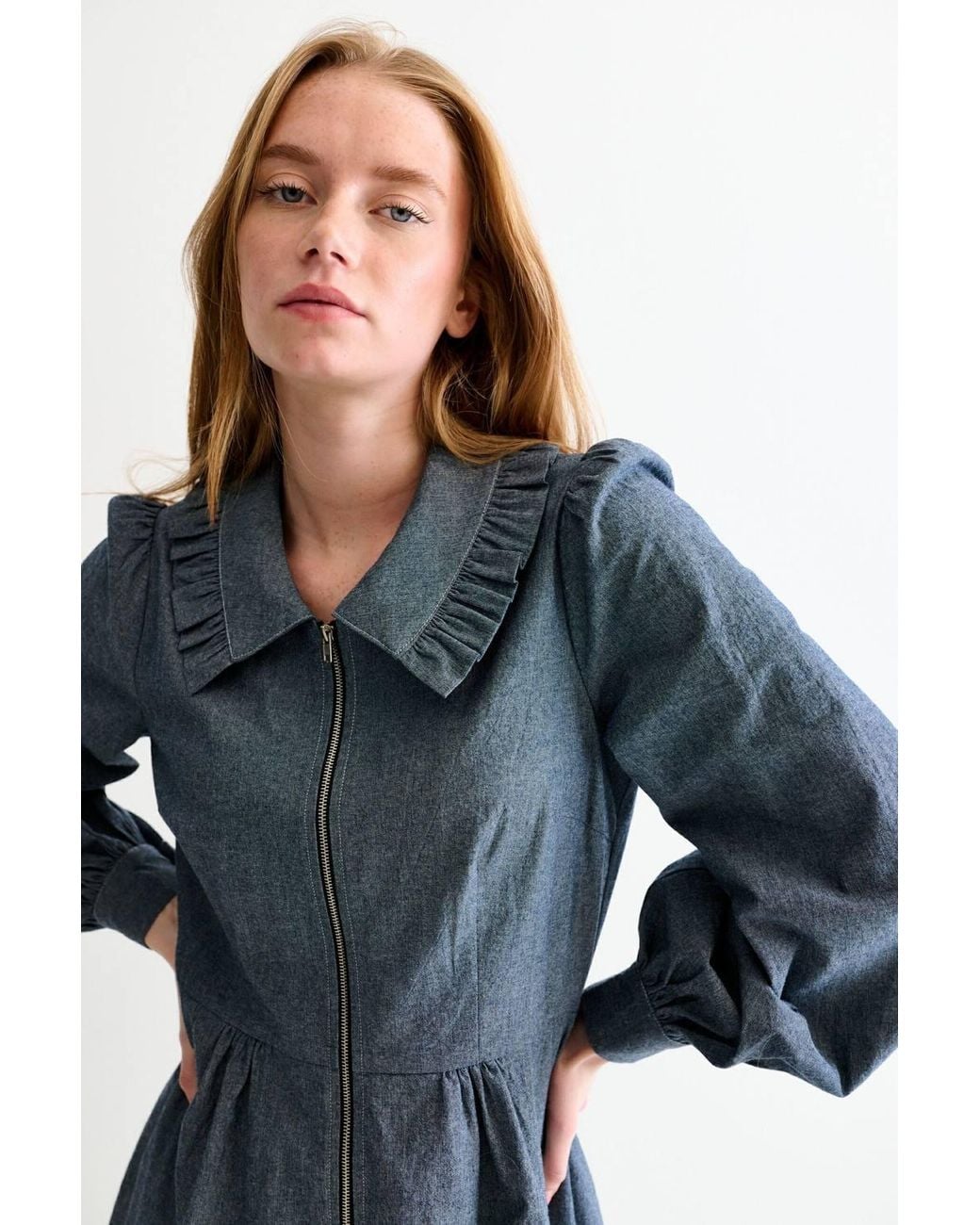 Louche Blue Zoya Chambray Zip Front, Frill Collar Midi Dress