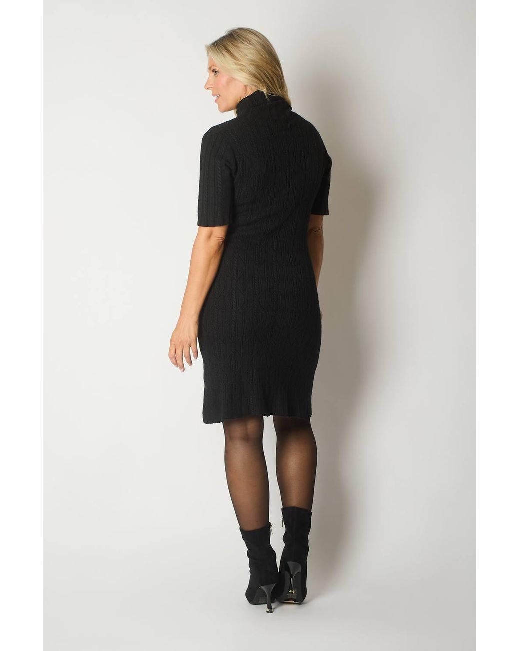 Solo Black Knit Turtleneck Dress With Rosette Detail