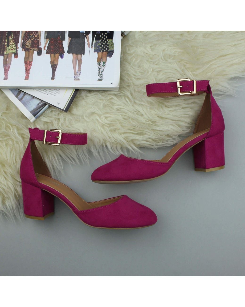 AJVANI Pink Mid Block Heel Buckle Ankle Strap 2 Part Heels