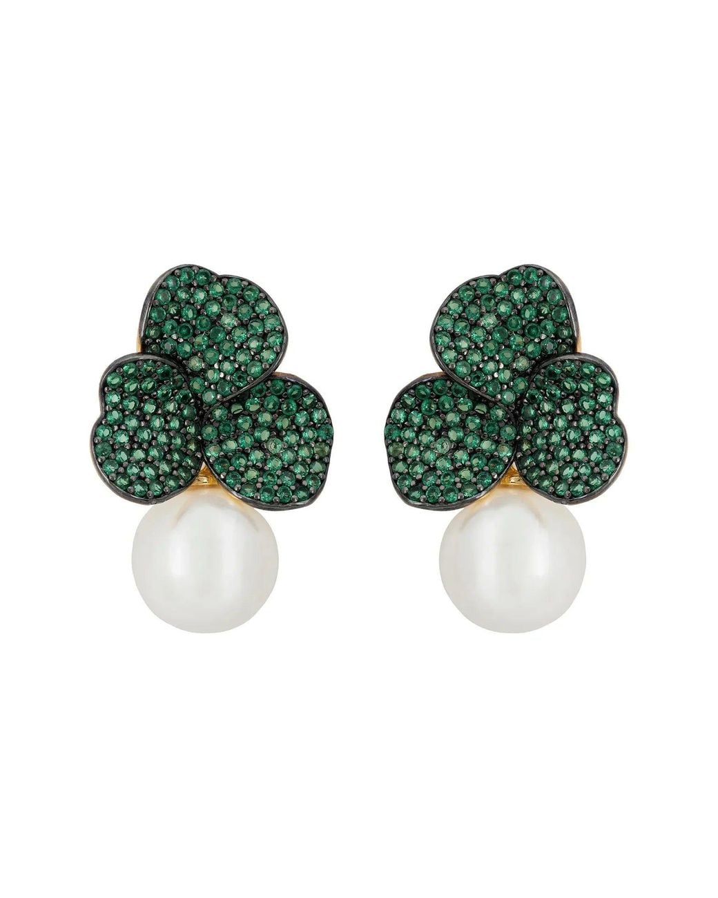 Latelita London Green Iris Flower & Pearl Dangle Earrings Emerald