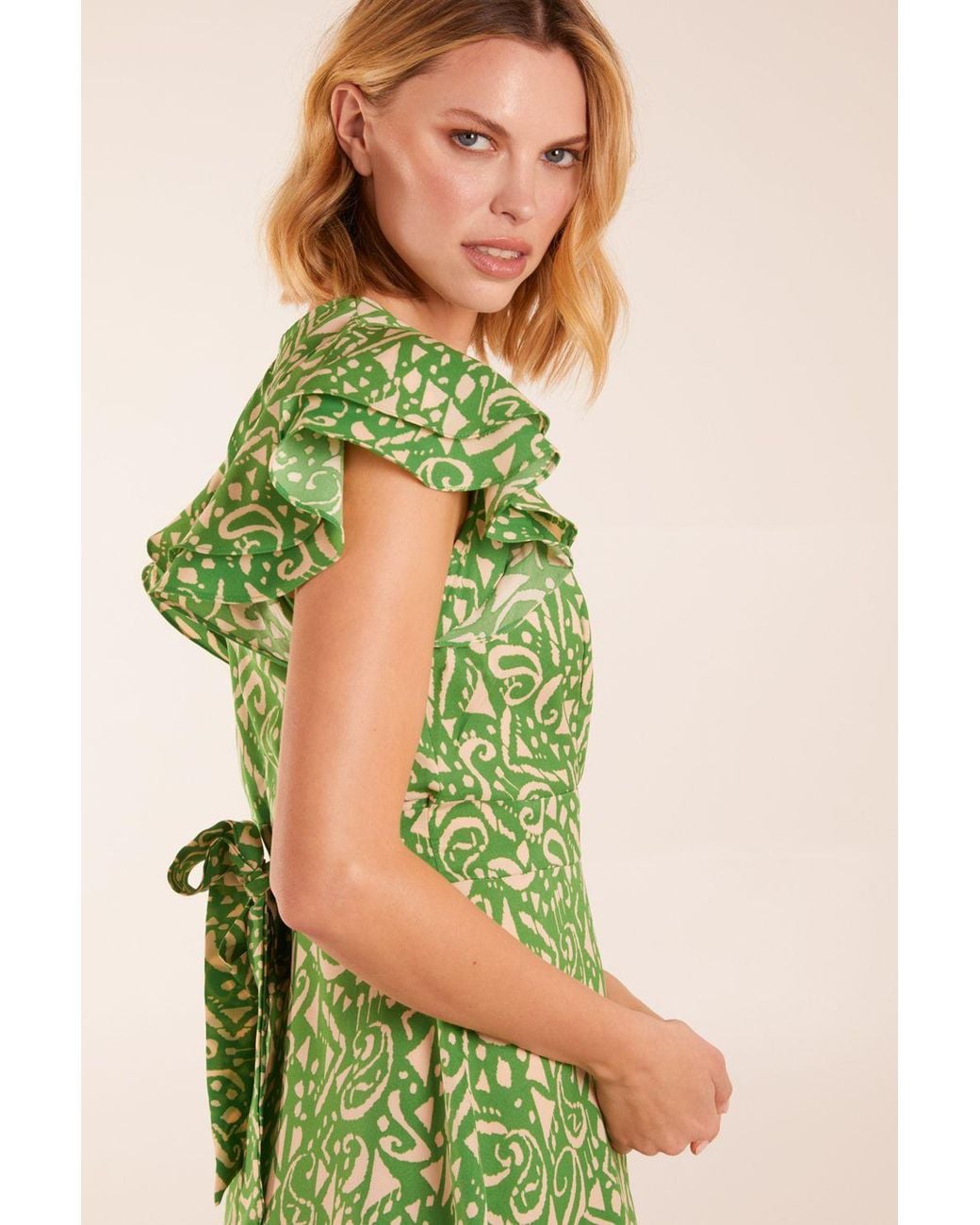 Blue Vanilla Green Aztec Wrap Ruffle Frill Sleeve Mini Dress