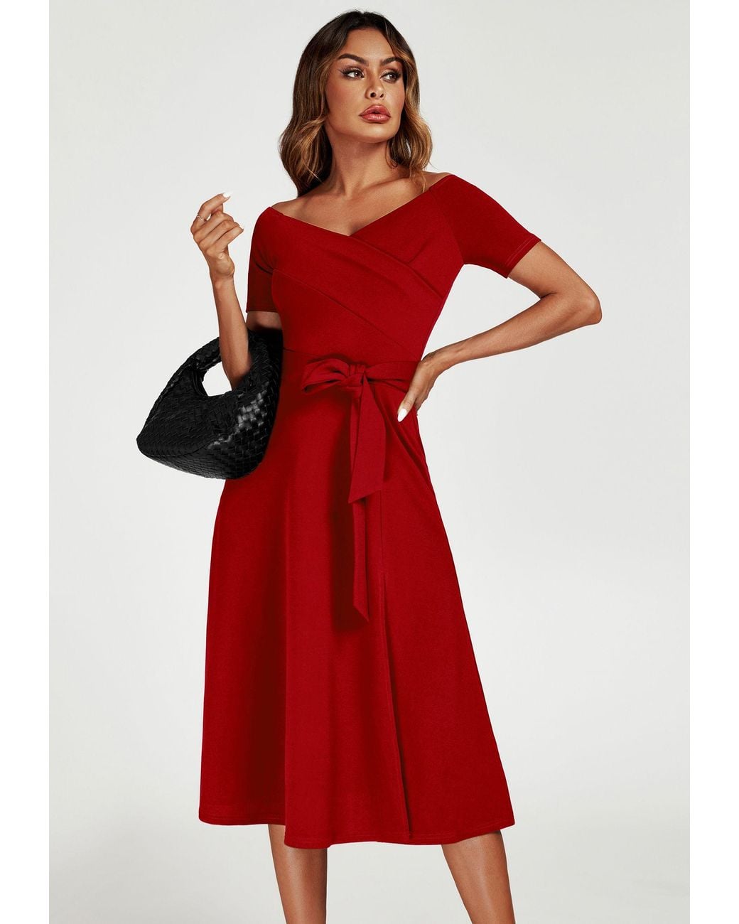 FS Collection Red Bardot Midi Dress