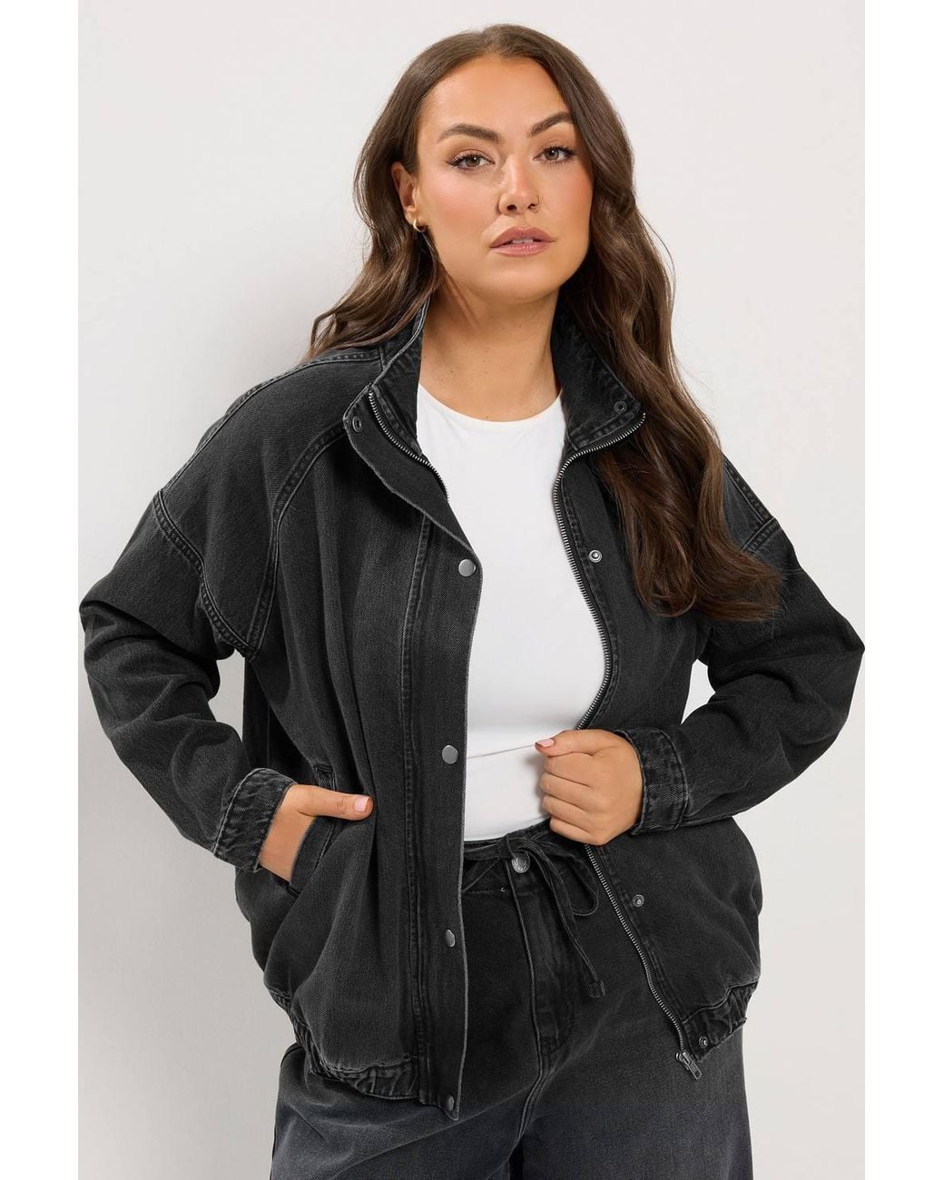 Yours Black Denim Funnel Neck Bomber Jacket