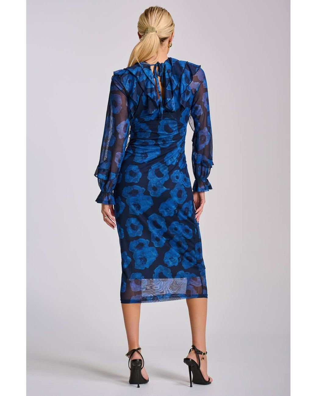 Jolie Moi Blue Long Sleeve Ruffle Detail Mesh Bodycon Dress